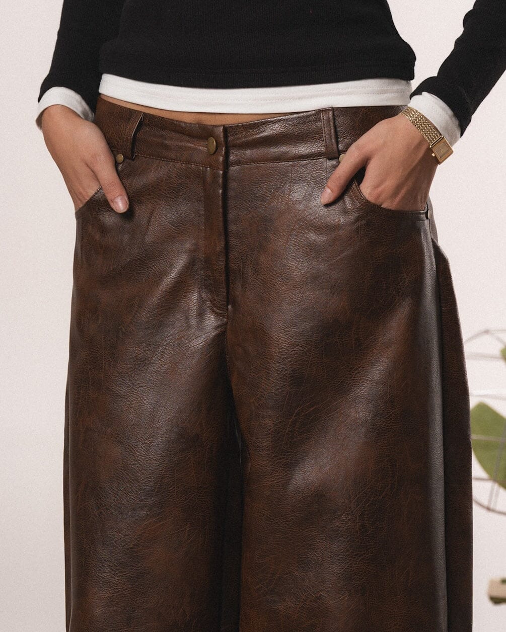 Female Brown Baggy Leather Pants