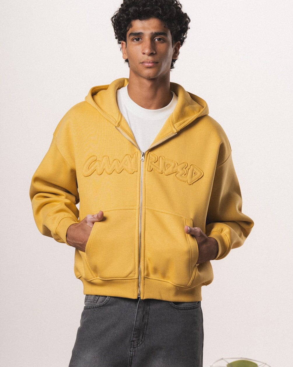 Mustard Guarded Boxy Zip-Up Hoodie