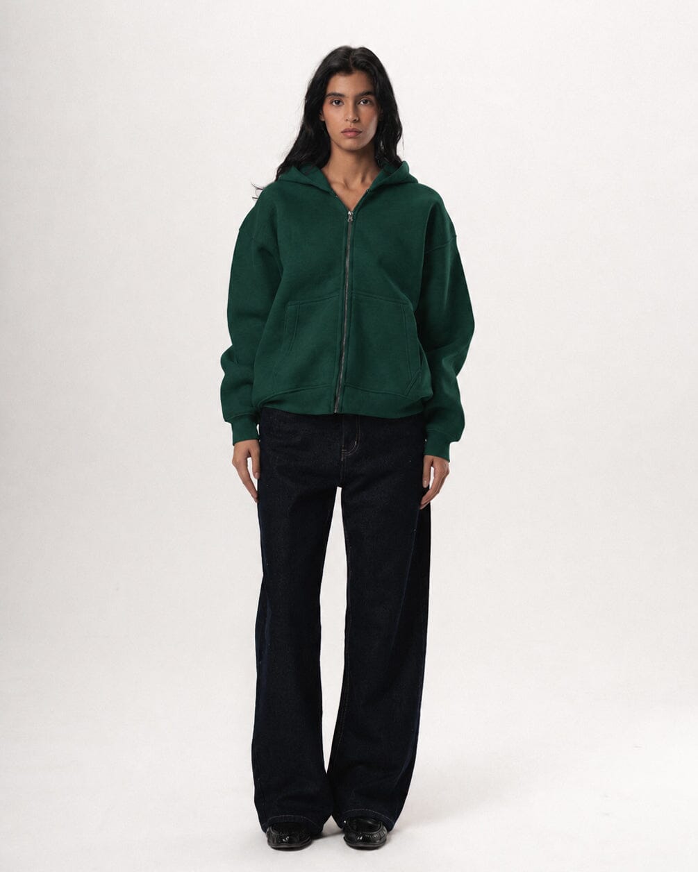 Green Basic Boxy Zip-Up Hoodie