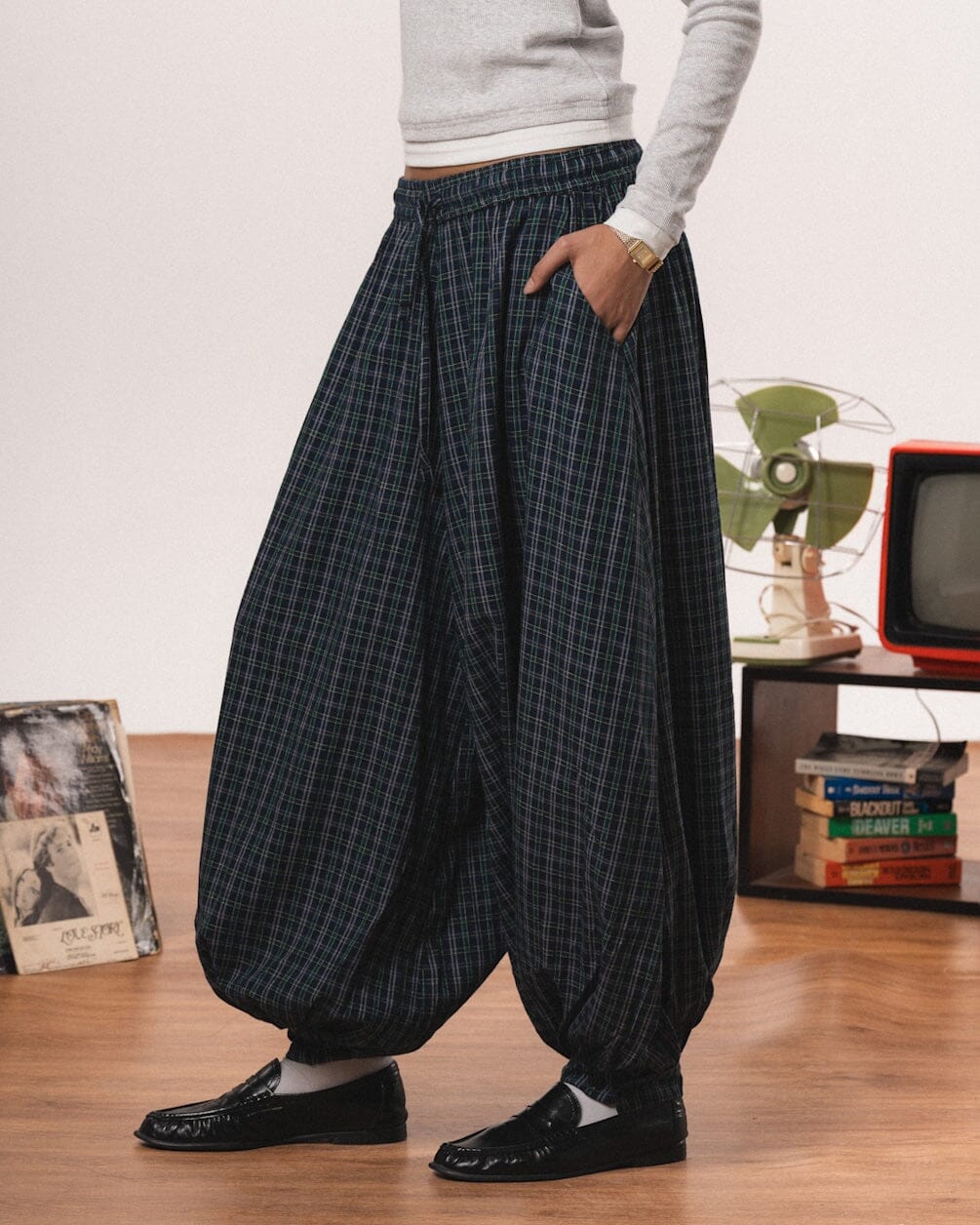 Navy Plaid Balloon Pants