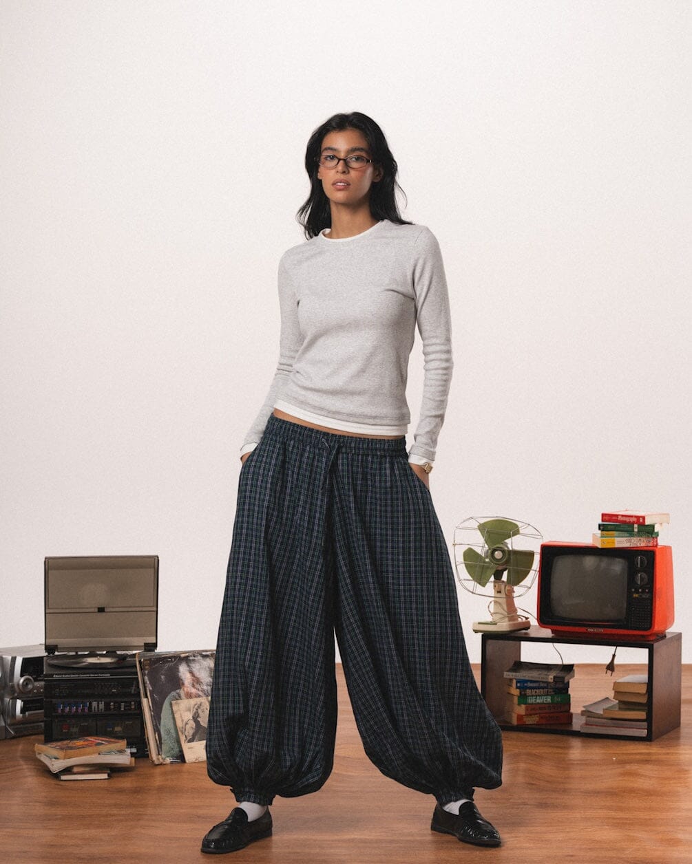 Navy Plaid Balloon Pants